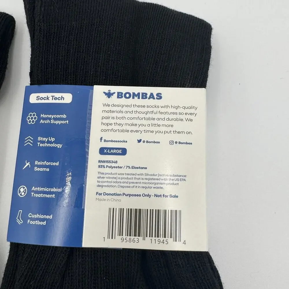 Bombas‎ XL Black Crew Calf Socks Cushioned Arch Support Athletic 2 Pair NEW